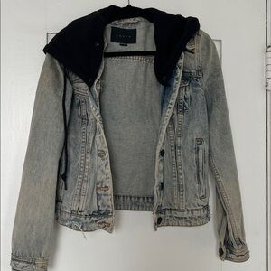 Blank NYC Light Blue Denim Jacket with Black Accents and detachable hoodie